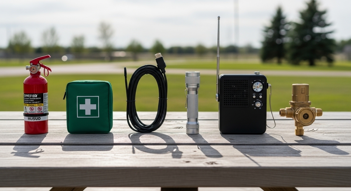 RV safety equipment including fire extinguisher, first aid kit, and surge protector