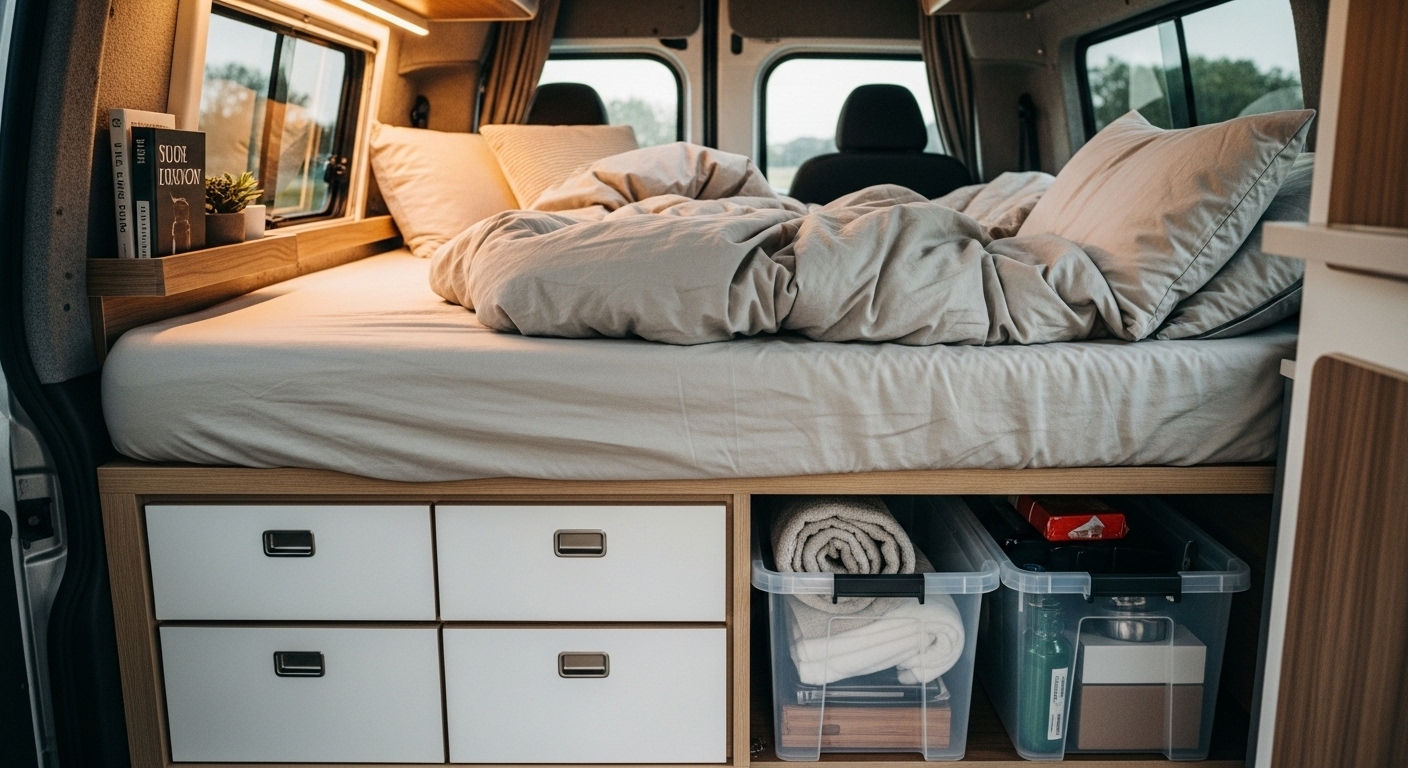 Van bed setup with organized storage underneath and cozy bedding