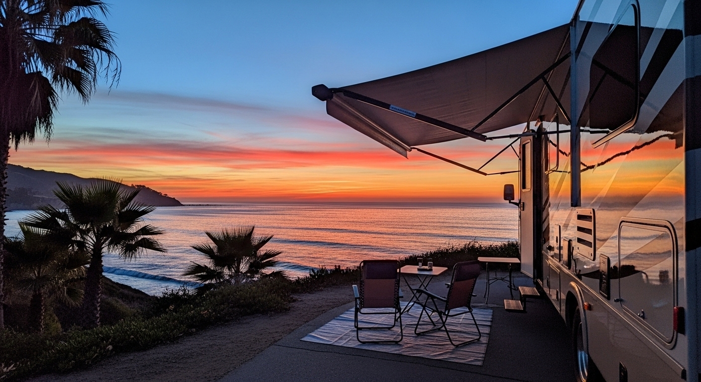 RV parked at clifftop campsite overlooking Pacific Ocean at sunset