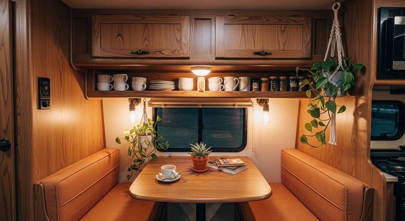 Modern RV parked in scenic mountain location with couple standing outside