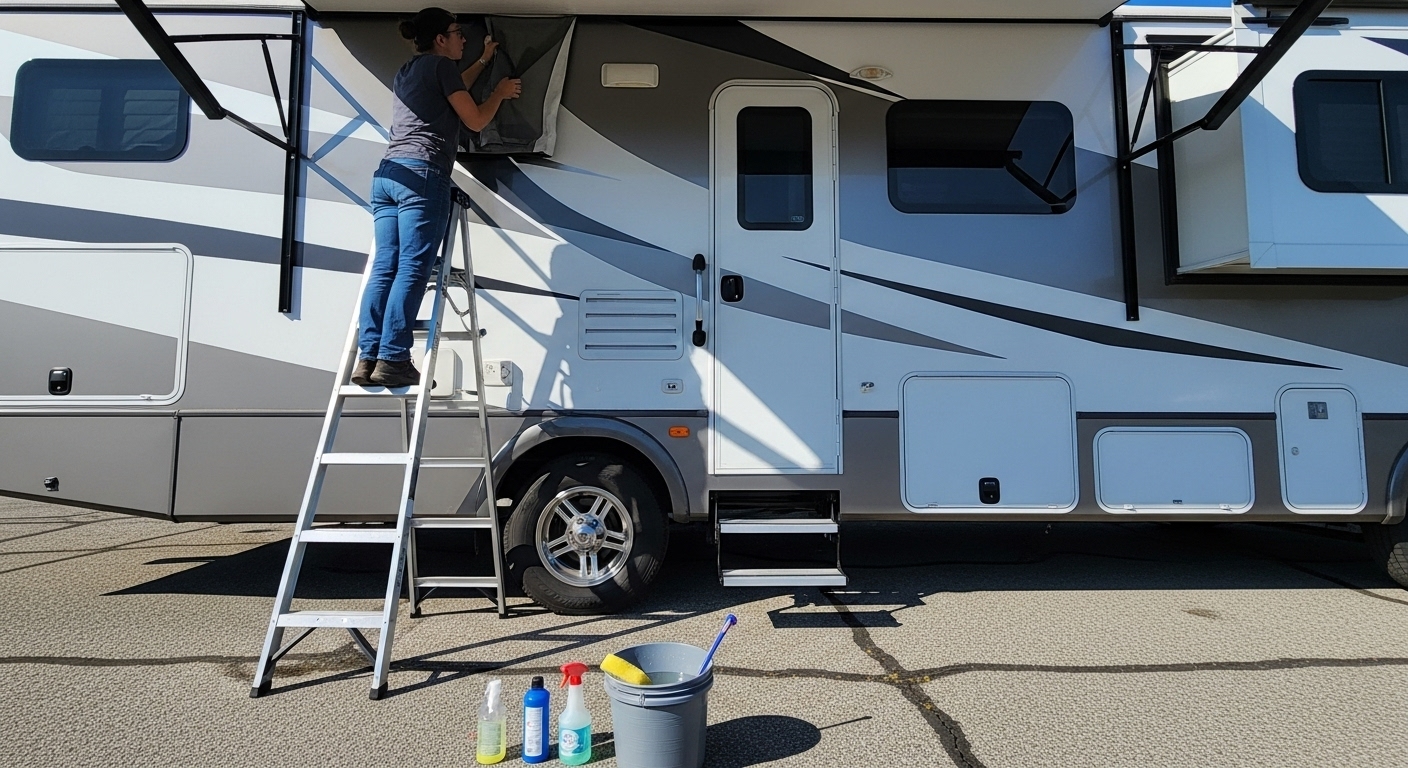 Person performing RV maintenance with tools and equipment laid out