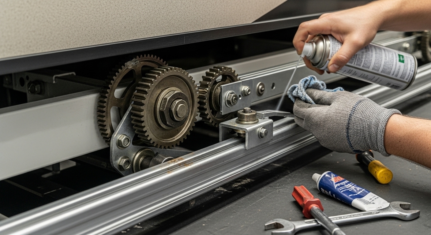 Close-up of RV slide-out mechanism being cleaned and lubricated