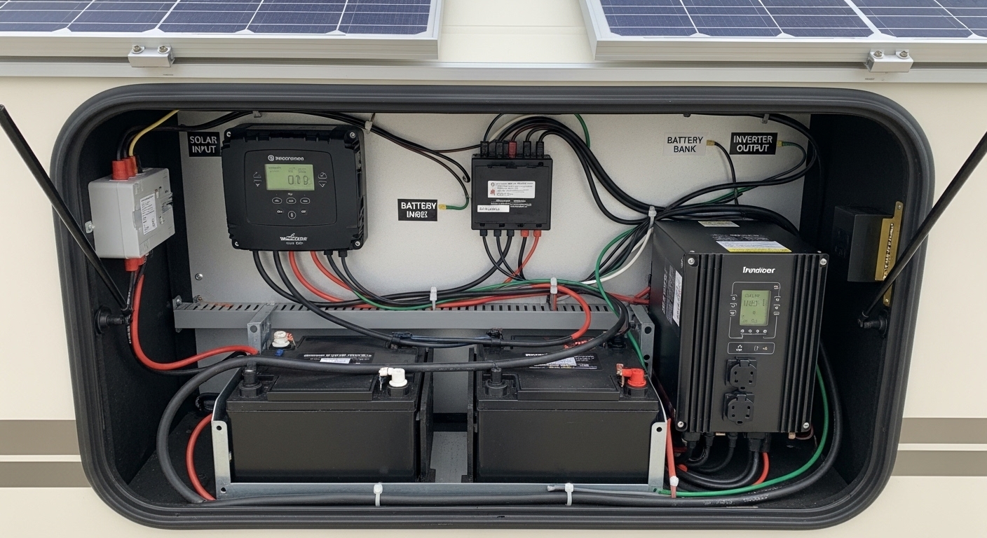 Solar panels installed on RV roof with battery bank and charge controller visible