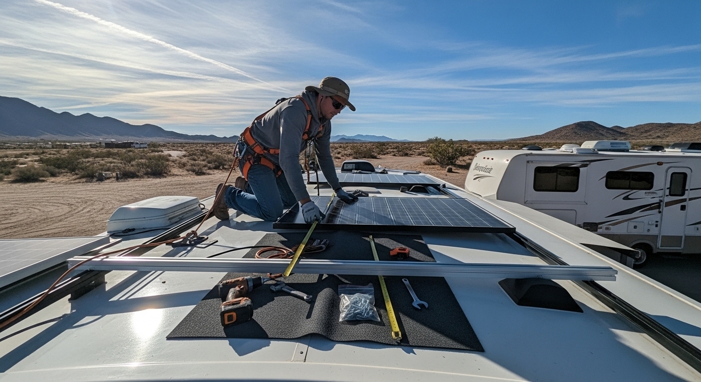 RV electrical system diagram showing solar panels, batteries, controller, and inverter connections